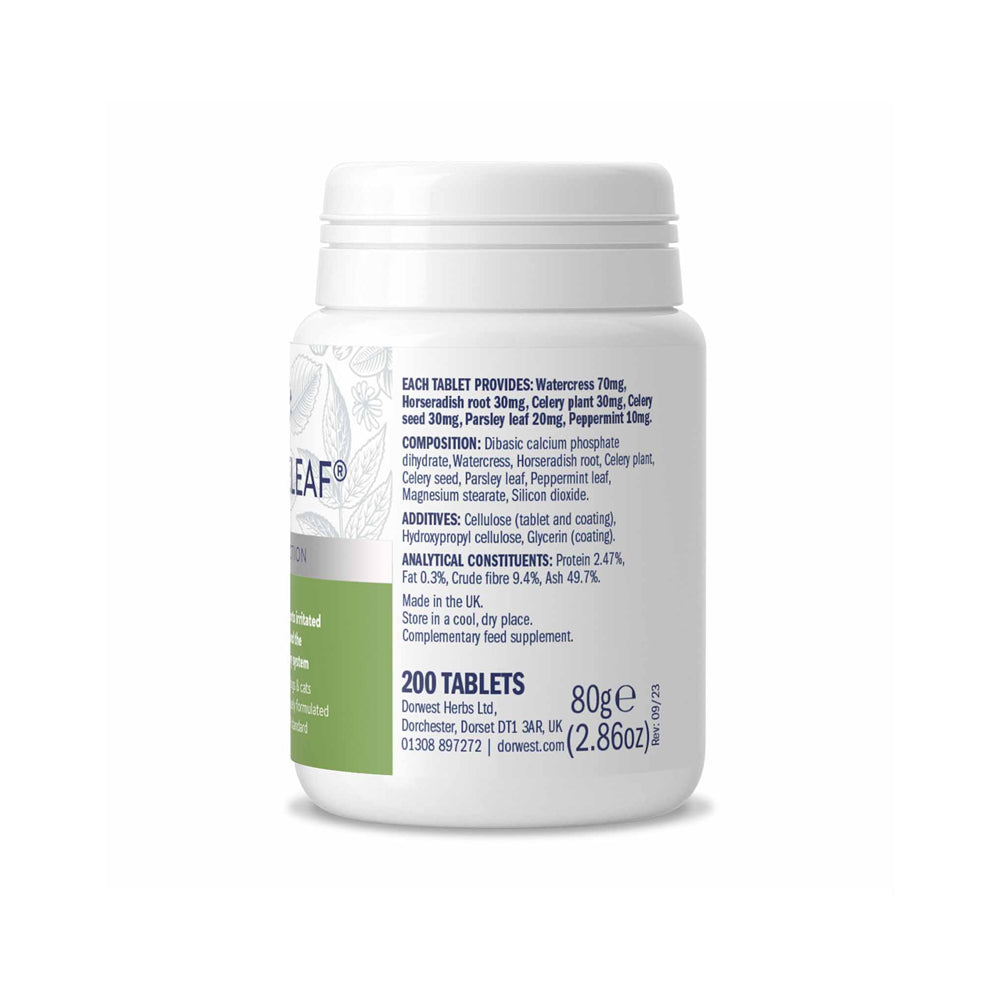 Detaillierte Zusammensetzung der Dorwest Green Releaf Tabletten mit Gartenkräutern wie Petersilie, Brunnenkresse und Meerrettich.