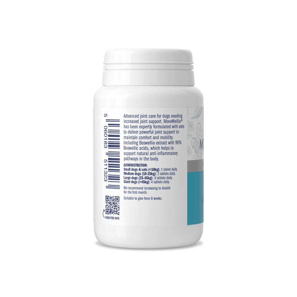 Rückseite der Dorwest MoveWellia Tabletten mit Anwendungshinweise über Angaben zur täglichen Fütterungsmenge für eine optimale Gelenkunterstützung.