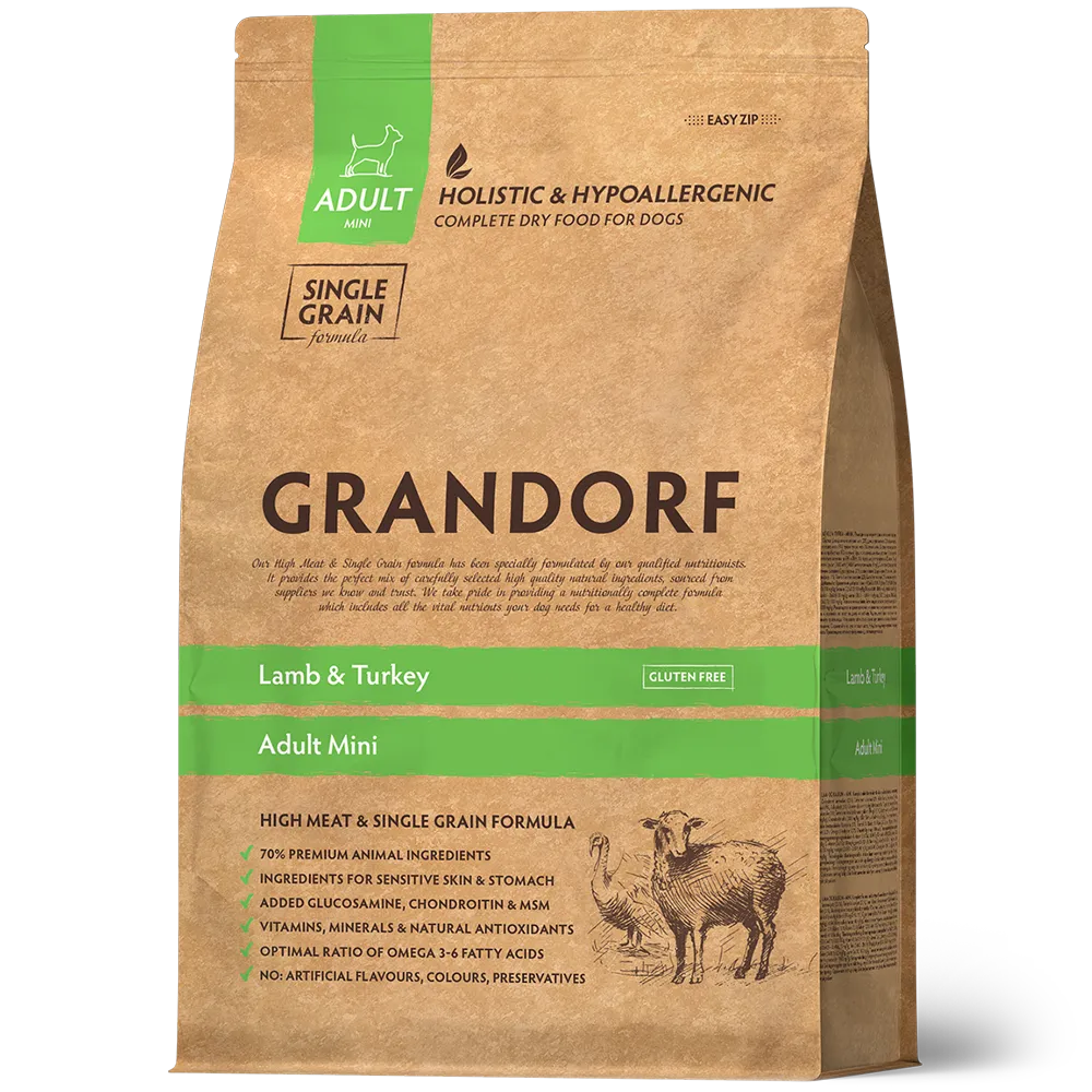 Hypoallergenes Trockenfutter Lamm und Pute für ausgewachsene kleine Rassen von Grandorf