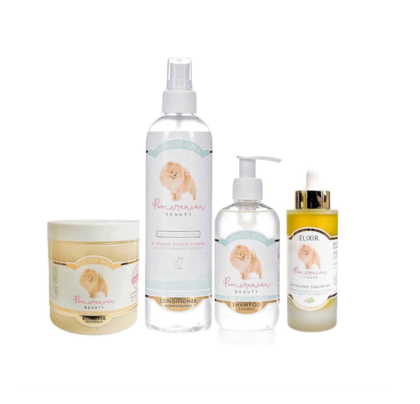 Intensiv-Pflegeset gegen Haarausfall & Alopezie bei Zwergspitz (Pomeranian) – inklusive Shampoo, Conditioner, Elixier, BSD-Maske und Lotion