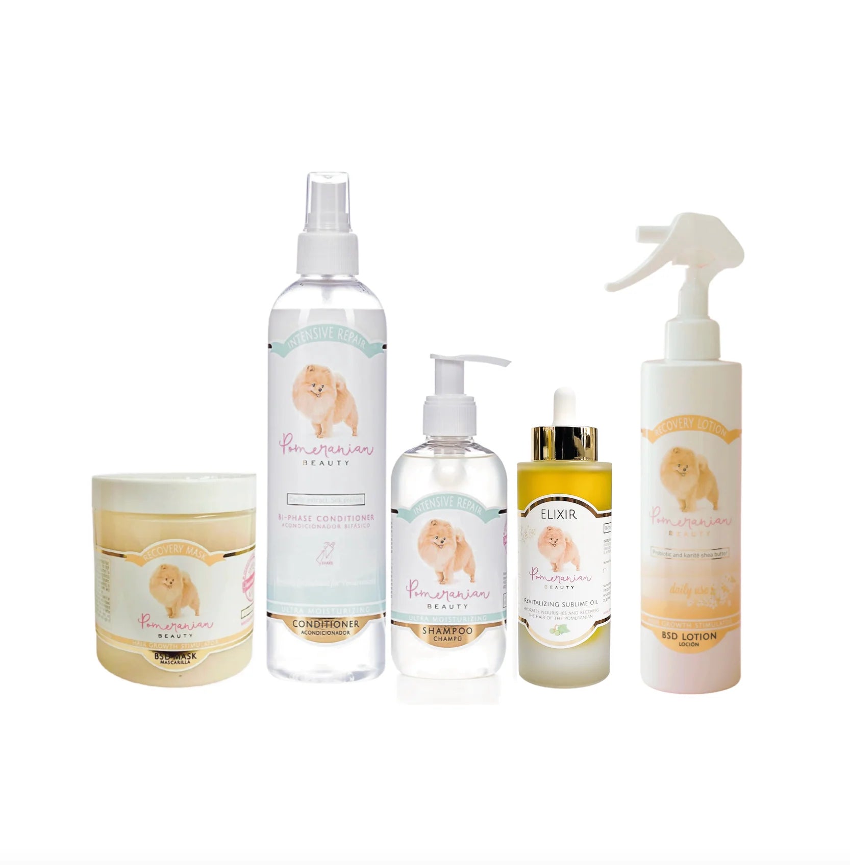 Intensiv-Pflegeset gegen Haarausfall & Alopezie bei Zwergspitz (Pomeranian) – inklusive Shampoo, Conditioner, Elixier, BSD-Maske inklusive einer Lotion