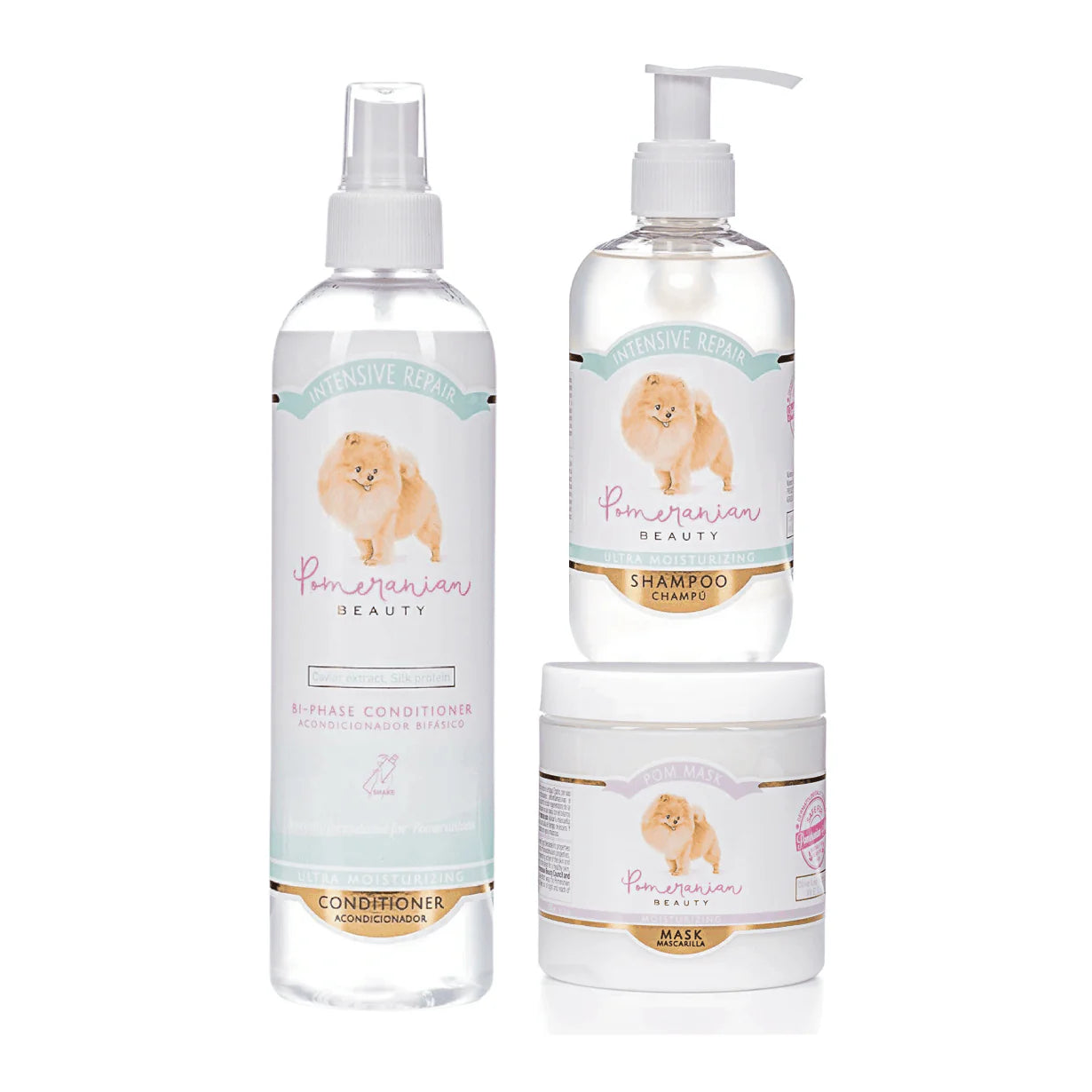 Pomeranian Beauty Intensive Reparatur- & Feuchtigkeits-Kur für Zwergspitz – 3-teiliges Set bestehend aus Shampoo, Maske und Conditioner Spray