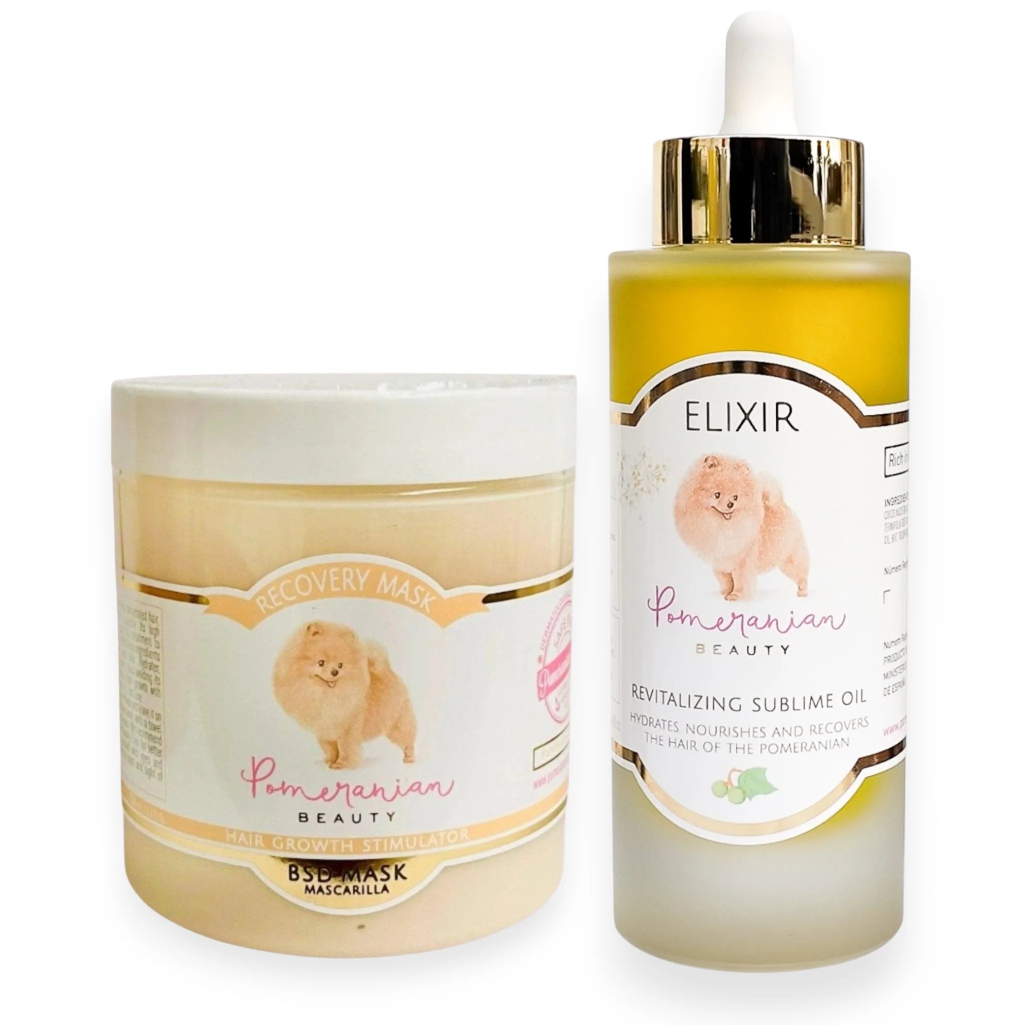 BSD Intensiv-Pflege Duo für Pomeranians: Set aus BSD Regenerationsmaske und Elixir zur professionellen Behandlung von Alopecia X und wattigem Fell bei Zwergspitzen.