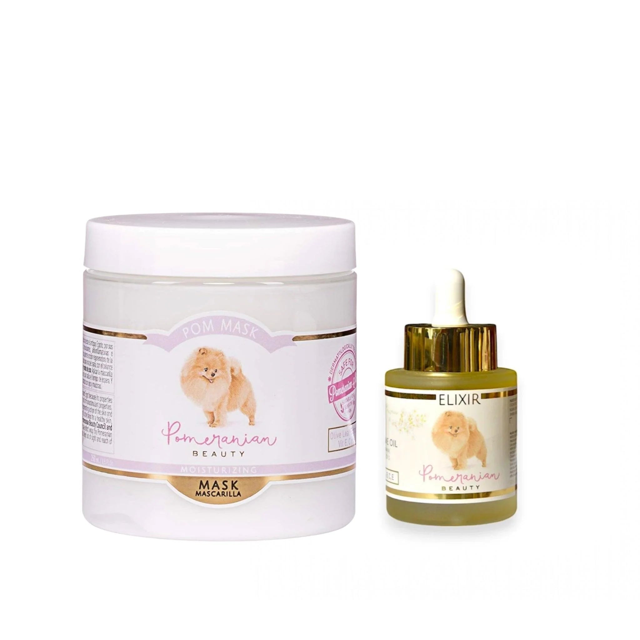 Das ultimative Pflege-Duo für Pomeranians: Pom Beauty Feuchtigkeitsmaske kombiniert mit dem Elixier zur intensiven Regeneration von trockenem Fell und zur Stimulation des Haarwachstums bei Zwergspitzen.