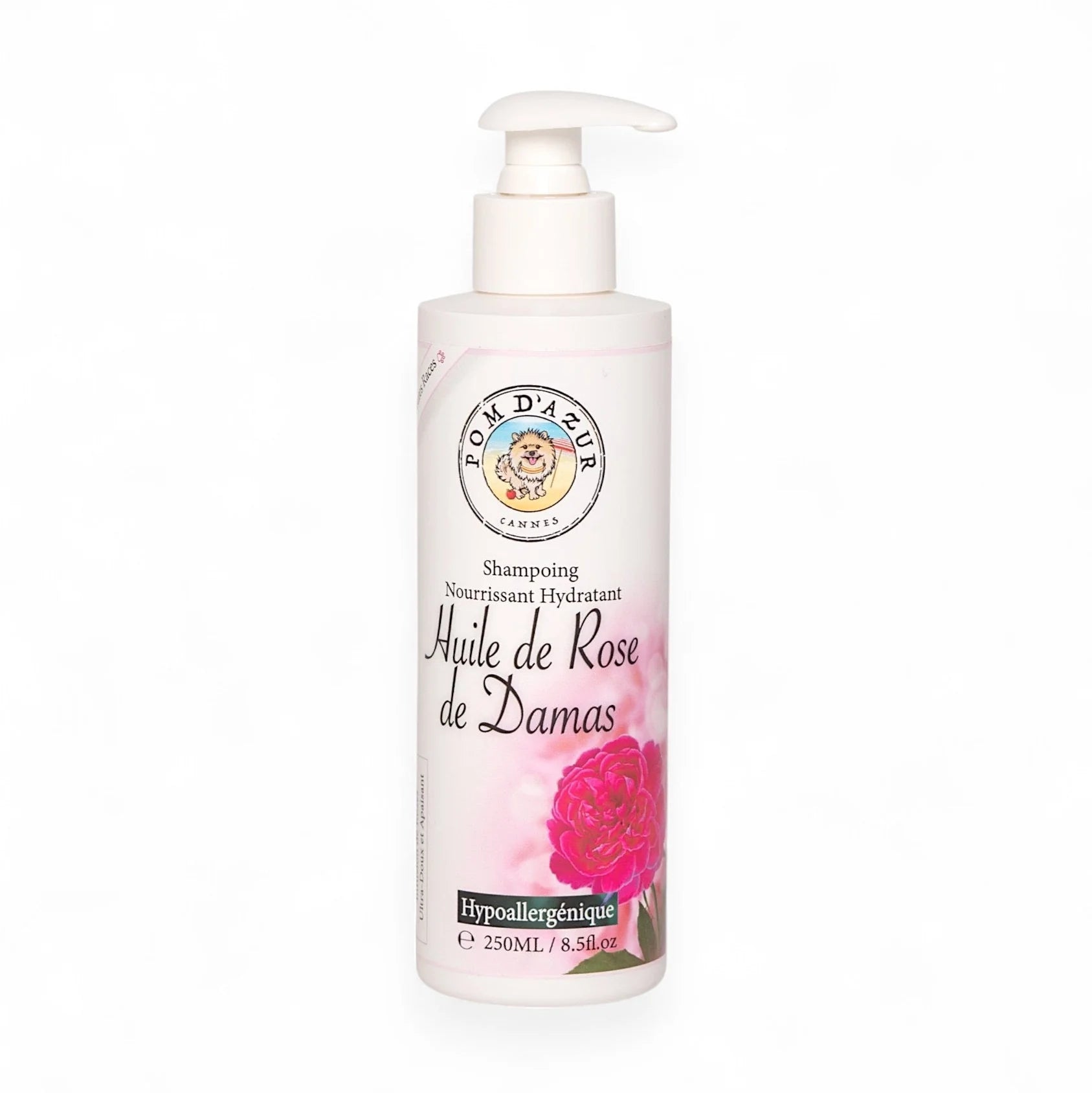 Hypoallergenes Glanz-Shampoo mit Damaszener Rose von Pom d'Azur für Hunde mit empfindlicher Haut – 250ml Flasche.