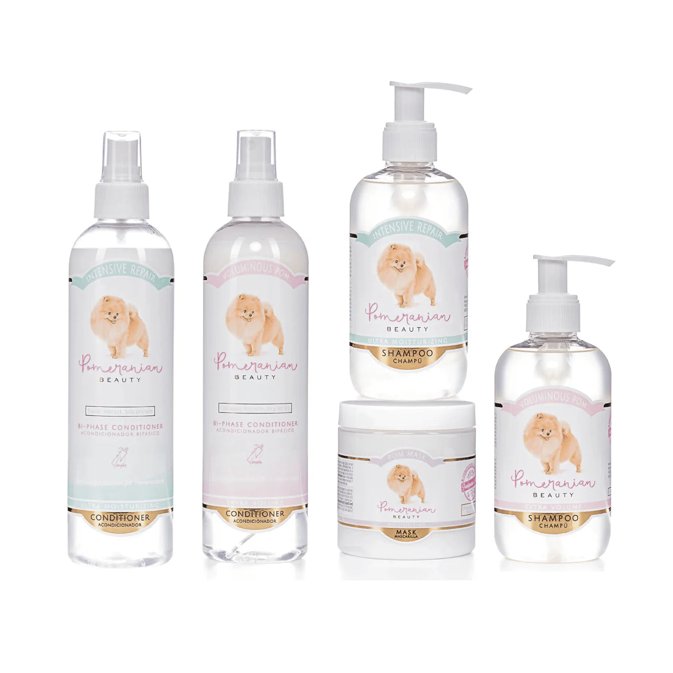 Pomeranian Beauty Volumen- & Feuchtigkeits-Komplett-Set für Zwergspitz – 5-teilige Reparaturkur bestehend aus 2 Shampoos, 2 Conditioner-Sprays und einer Maske