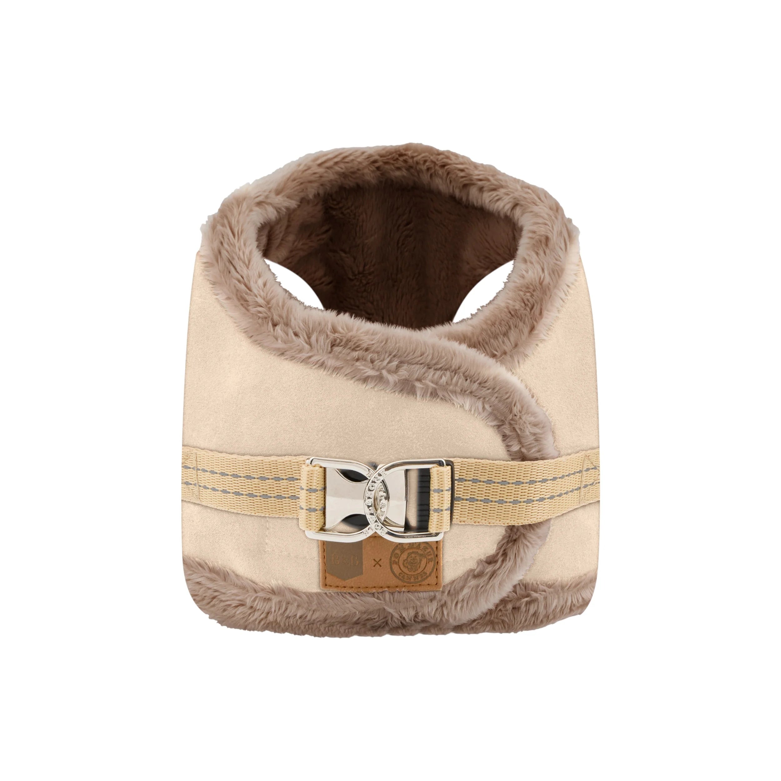 Beiges Yeti Hundegeschirr von Pom D'Azur mit Schnalle und hellbraunem Fellbesatz - Vorderansicht