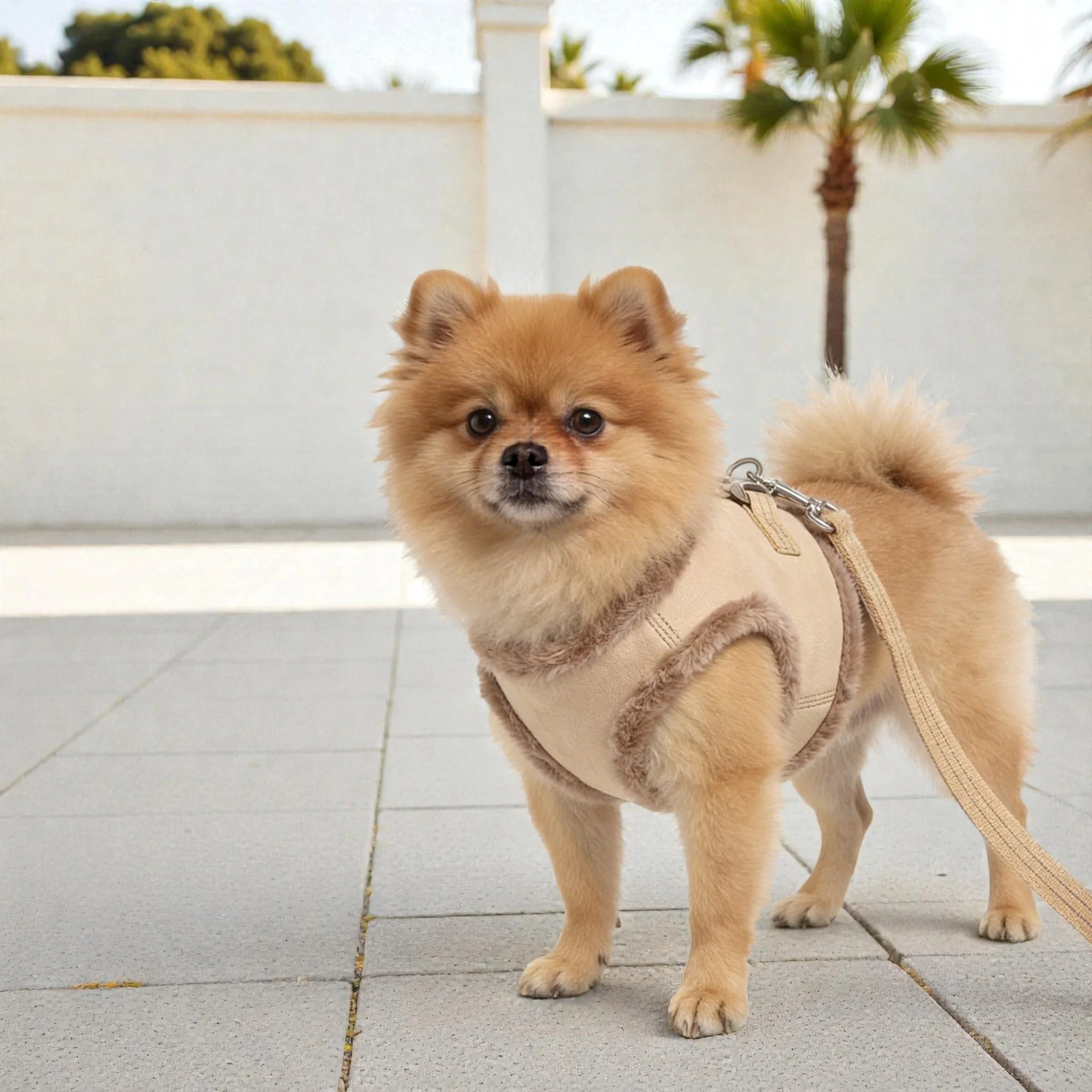 Zwergspitz (Pomeranian) trägt das beige Yeti Hundegeschirr mit flauschigem Fellbesatz und passender Leine
