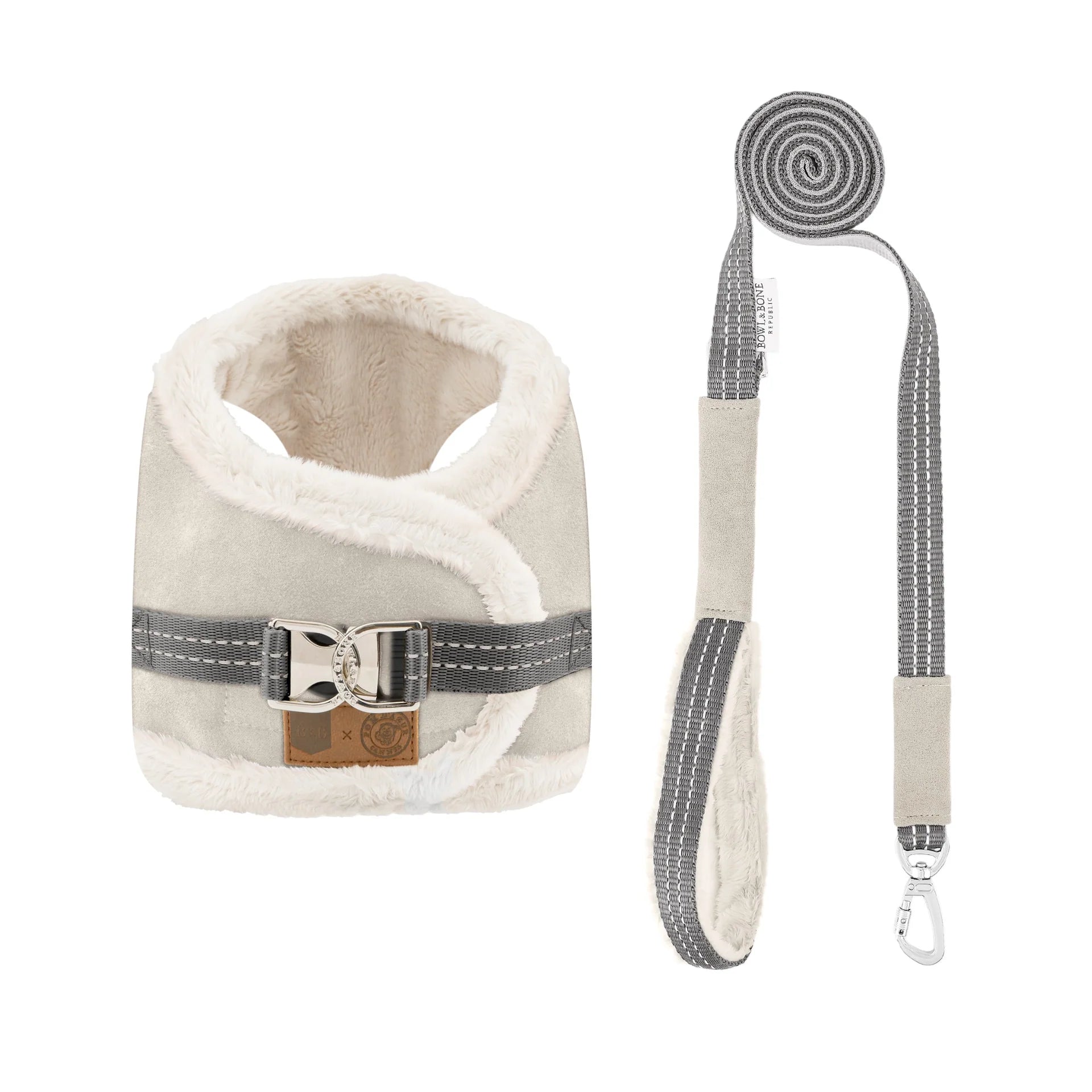 Graues Yeti Hundegeschirr Set von Pom d’Azur: Luxuriöses Plüsch-Geschirr mit extra weichem Fellbesatz und passender 1,8m Leine