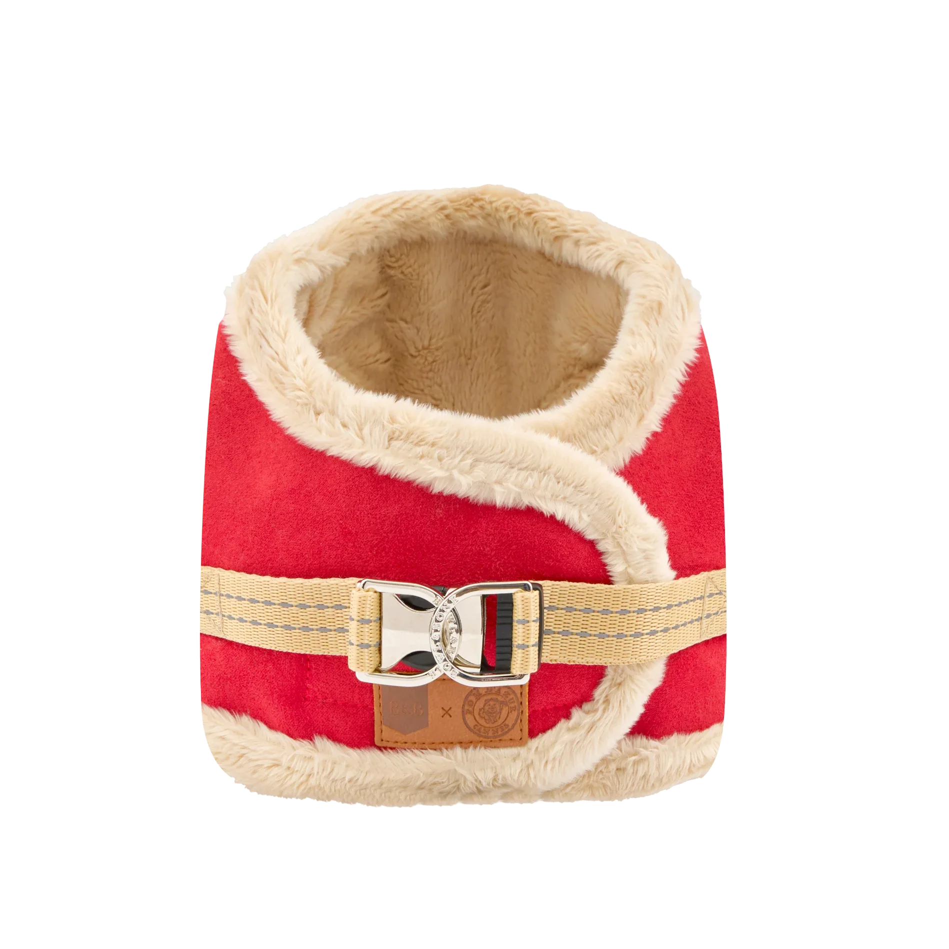 Rotes Yeti Hundegeschirr von Pom D'Azur mit Schnalle und Fellbesatz - Vorderansicht