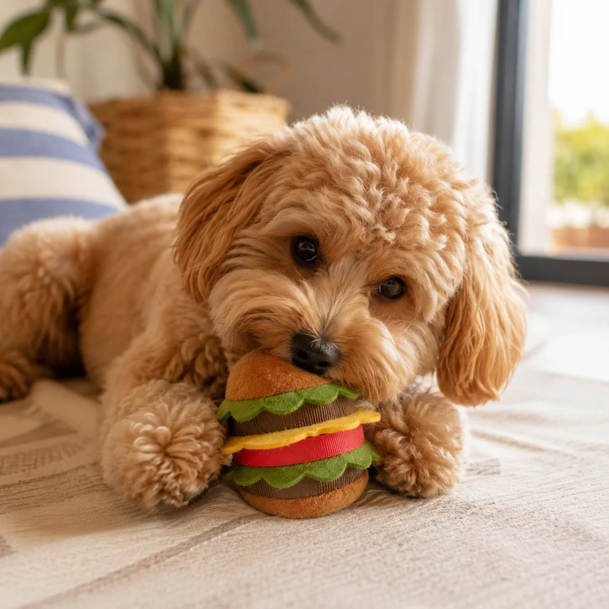 Burger-Hundespielzeug aus Plüsch mit Squeaker von Pom d'Azur