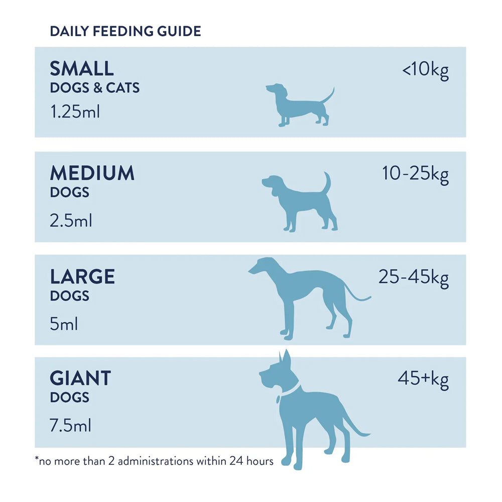 Dorwest Fütterungsleitfaden mit täglichen Dosierungsempfehlungen in Milliliter (ml) für Hunde und Katzen je nach Gewichtsklasse.