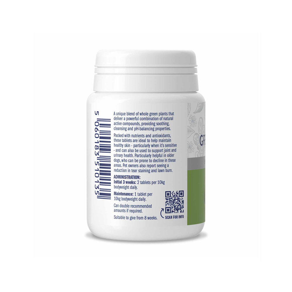 Rückseite der Dorwest Green Releaf Packung mit Anwendungshinweisen und täglicher Dosierung für Hunde und Katzen.