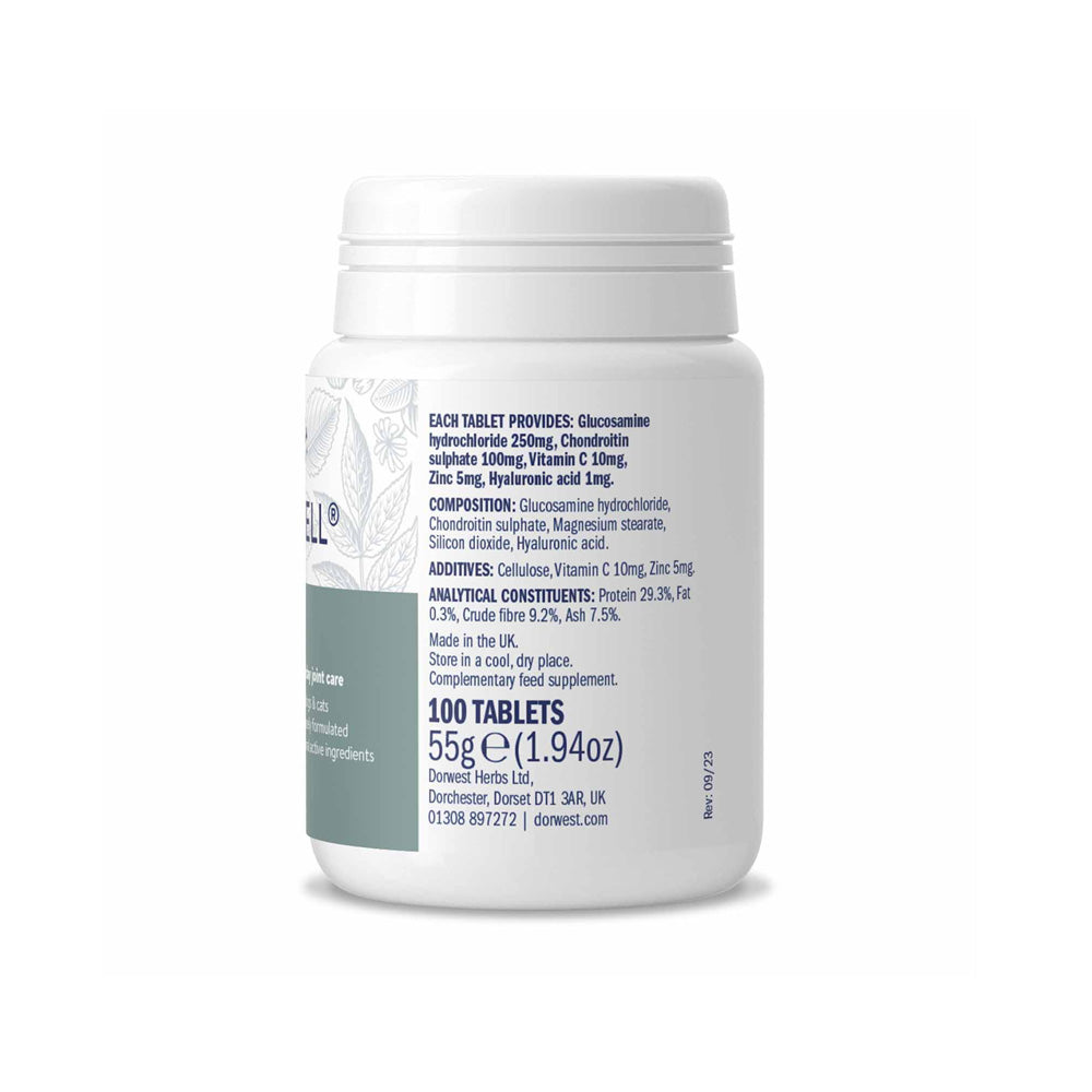 Detaillierte Zusammensetzung der Dorwest JointWell Tabletten mit Wirkstoffen wie Glucosamin, Chondroitin, Hyaluronsäure und Vitamin C.