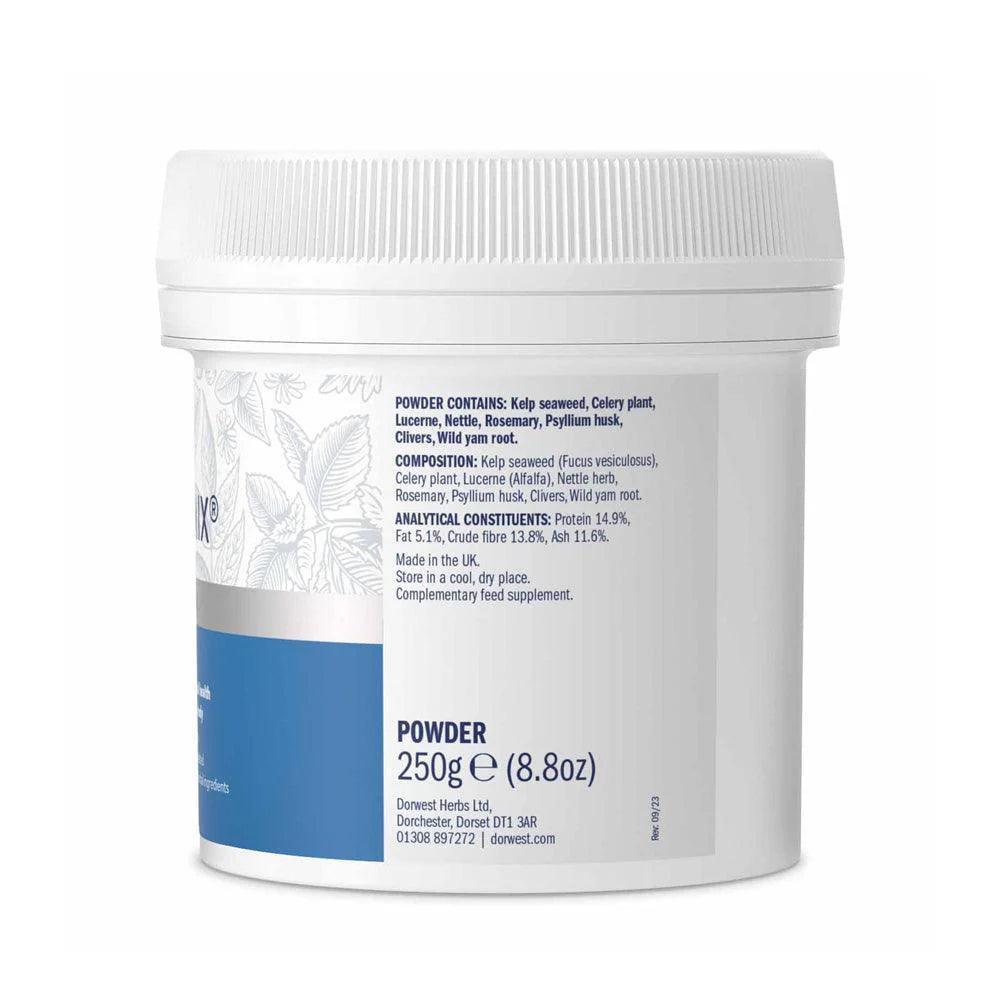 Detailansicht der Dorwest Keeper's Mix Sensitive Dose mit Informationen zu Inhaltsstoffen wie Kelp-Algen, Eibischwurzel und Psyllium.