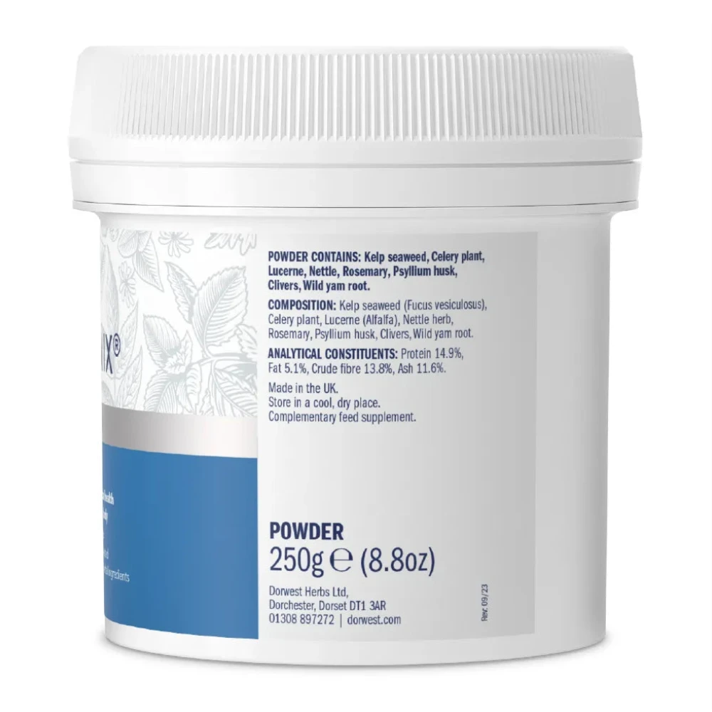 Detaillierte Zusammensetzung des Dorwest Keeper's Mix mit acht ausgewählten Pflanzen für Vitamine, Mineralstoffe und Chlorophyll.