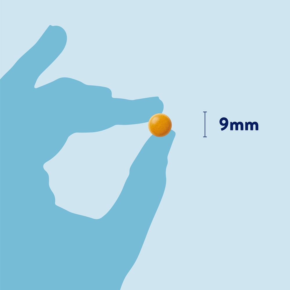 Infografik zur Größe der Dorwest Kurkuma Tablette mit einem Durchmesser von 9mm für eine einfache Verabreichung.