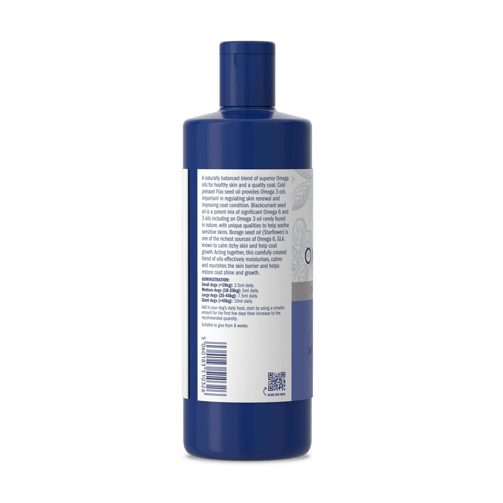 Rückseite der Dorwest Omega Star Flasche mit Anwendungshinweisen zur Reduzierung von Haarausfall und Pflege schuppiger Haut.