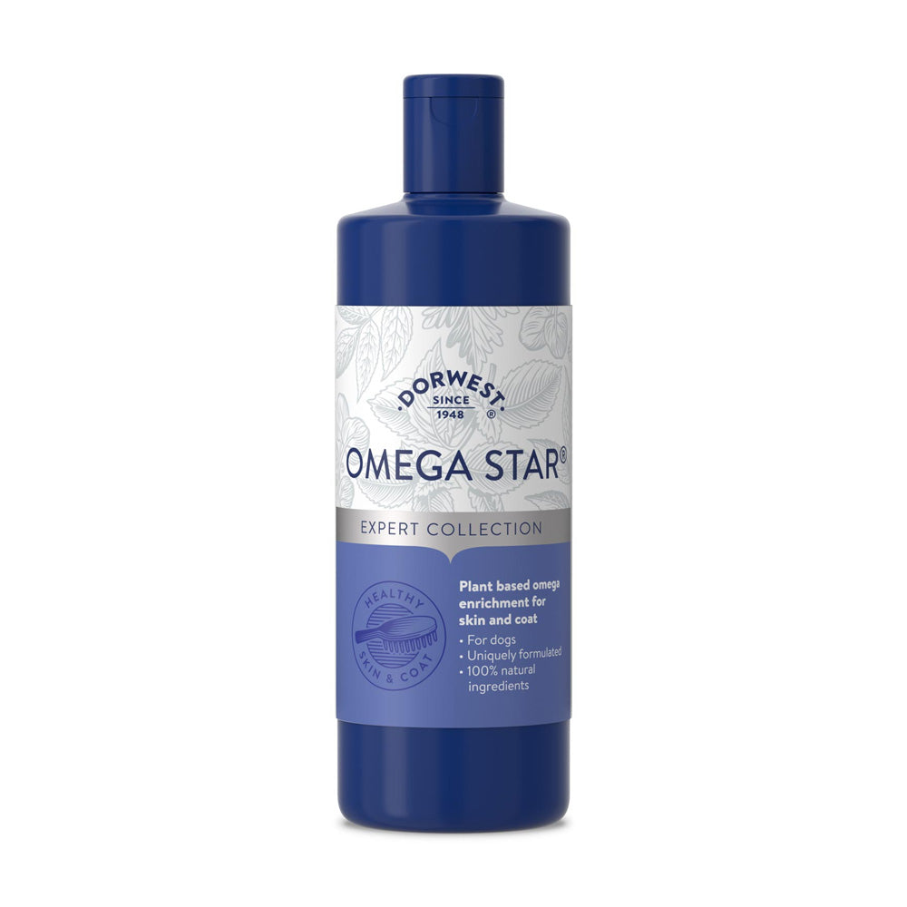 Dorwest Omega Star Öl für Hunde zur Förderung von natürlichem Glanz, gesundem Fellwachstum und intensiver Hautpflege.