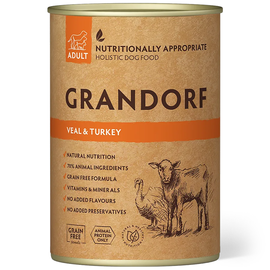 Hypoallergenes Nassfutter “Kalb & Pute“ für ausgewachsene Hunde aller Rassen von Grandorf