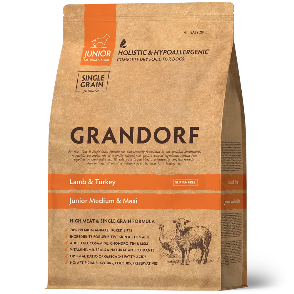 Hypoallergenes Trockenfutter Lamm & Pute für junge Hunde mittlerer bis große Rassen von Grandorf