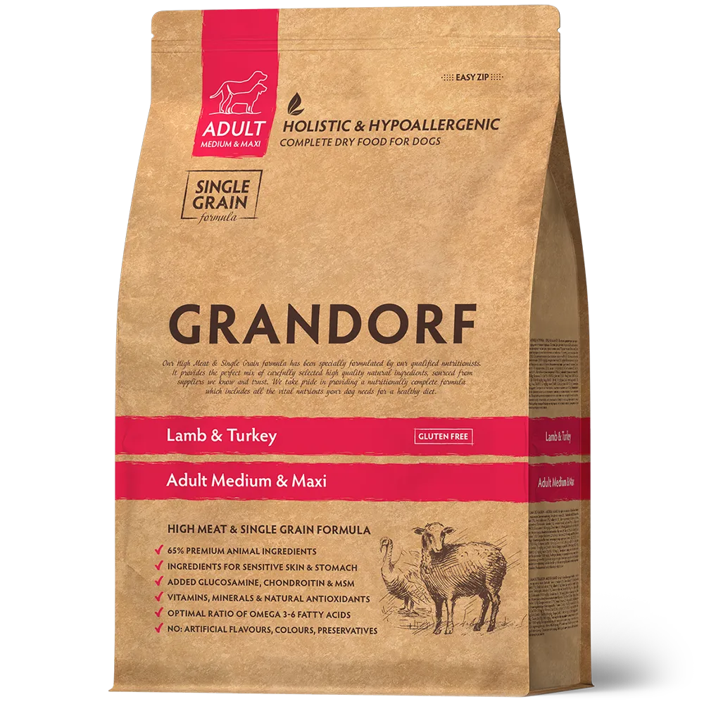 Hypoallergenes Trockenfutter Lamm und Pute für ausgewachsene mittelgroße bis größere Rassen von Grandorf