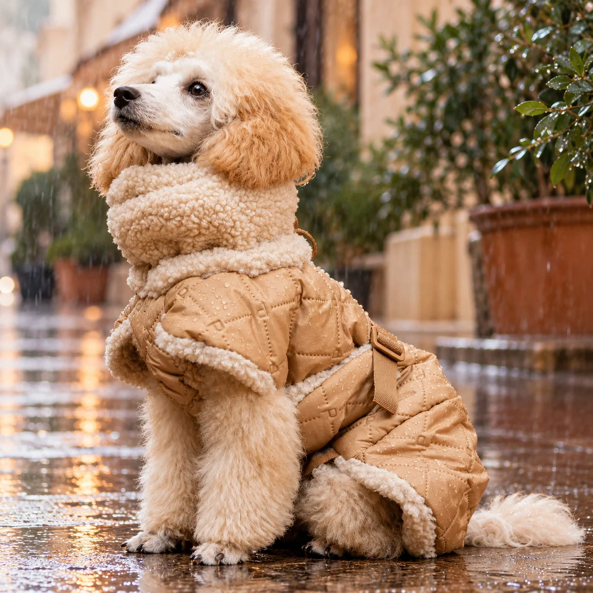 Gefütterte Hunde-Steppjacke "Quilted Sherpa" in Beige von Paikka