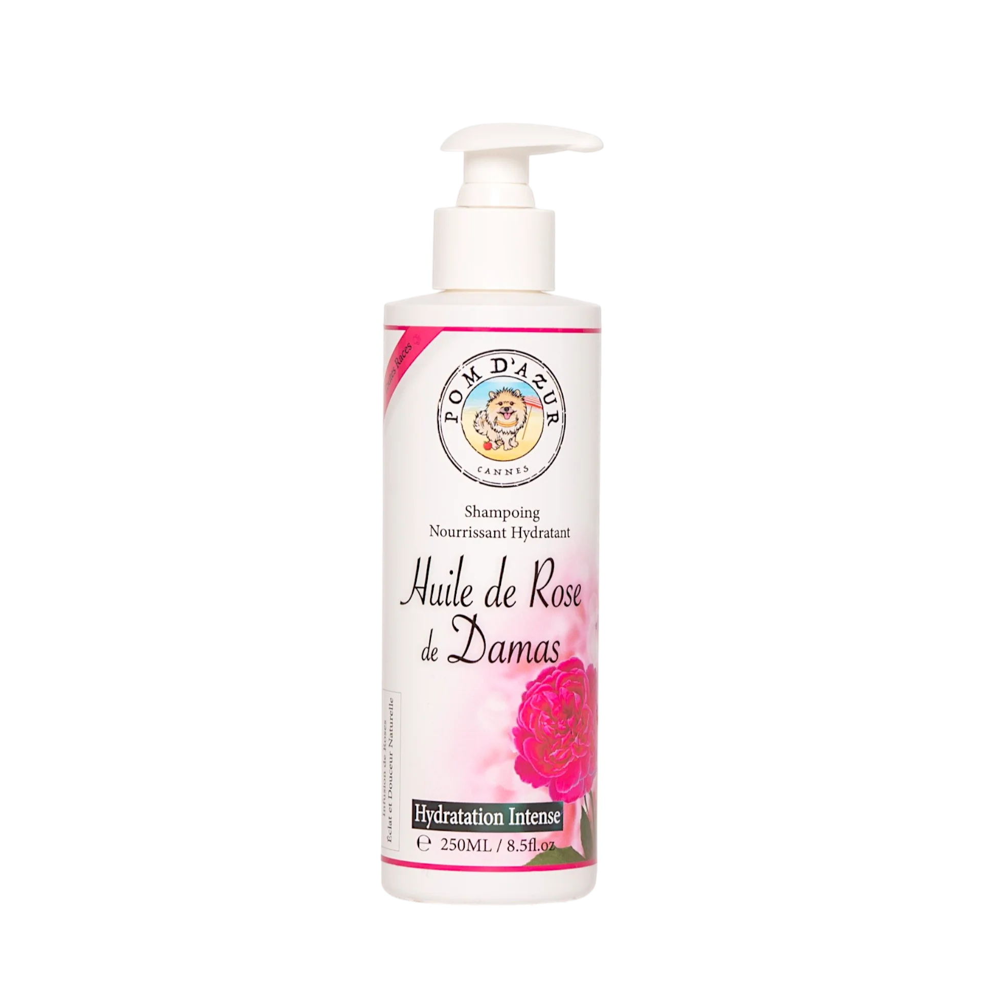 Pom d'Azur Hydration Intense Glanz-Shampoo mit Damaszener Rose für intensive Feuchtigkeit und seidiges Fell bei allen Hunderassen.