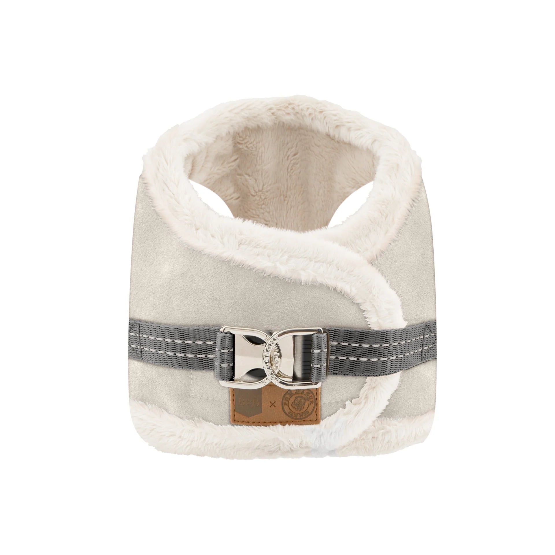 Hellgraues Yeti Hundegeschirr mit Schnalle und Fellbesatz - Vorderansicht